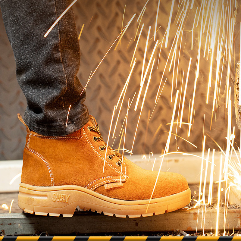 Electric welder wears puncture-resistant work shoes